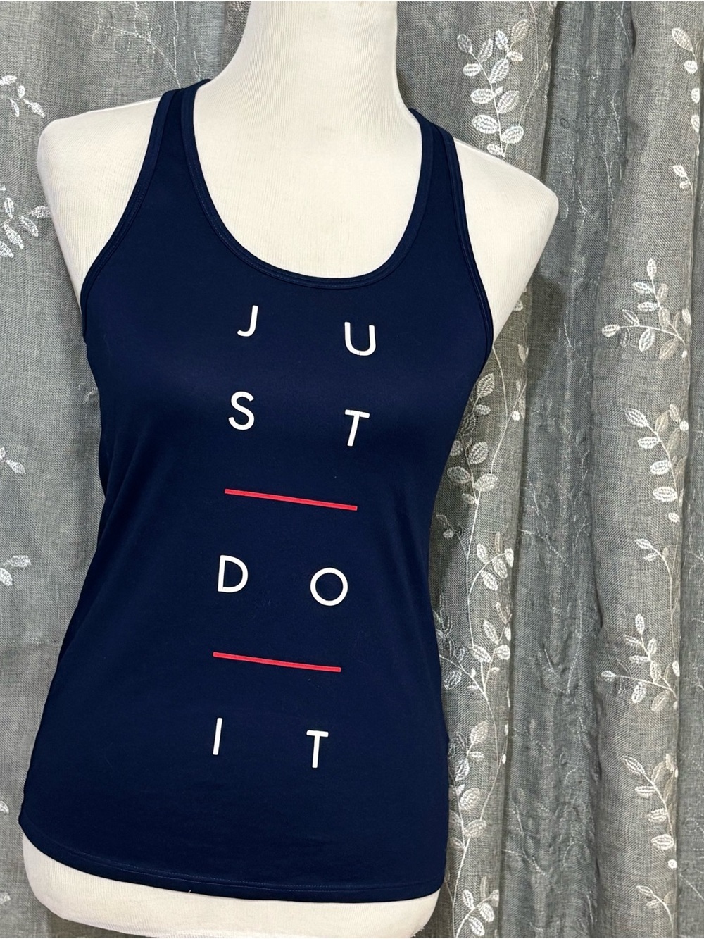 Nike Navy Racerback Tank with Vertical 'Just Do It' Print